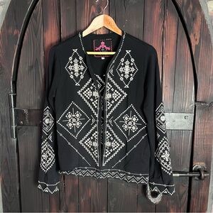 Johnny Was Black and White Embroidered Blazer